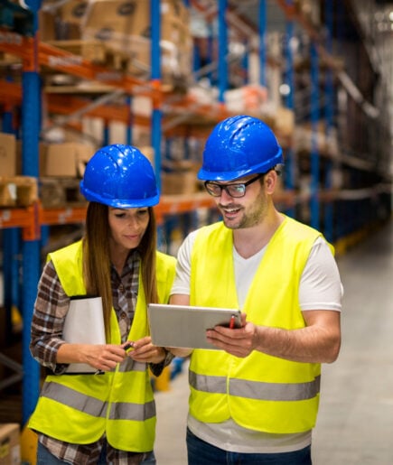 Warehouse team reviewing stock on a tablet