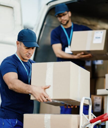 Workers loading parcels into a delivery van