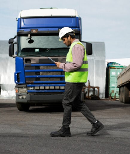 Driver reviewing a shipment beside his truck